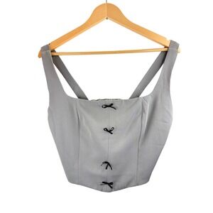 IFE Women's Grey‎ Square Neck Smocked Back Bow Tie Detail Crop Top Sz L Festival
